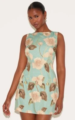 Prettylittlething Green Boat Neck Linen Shift Dress