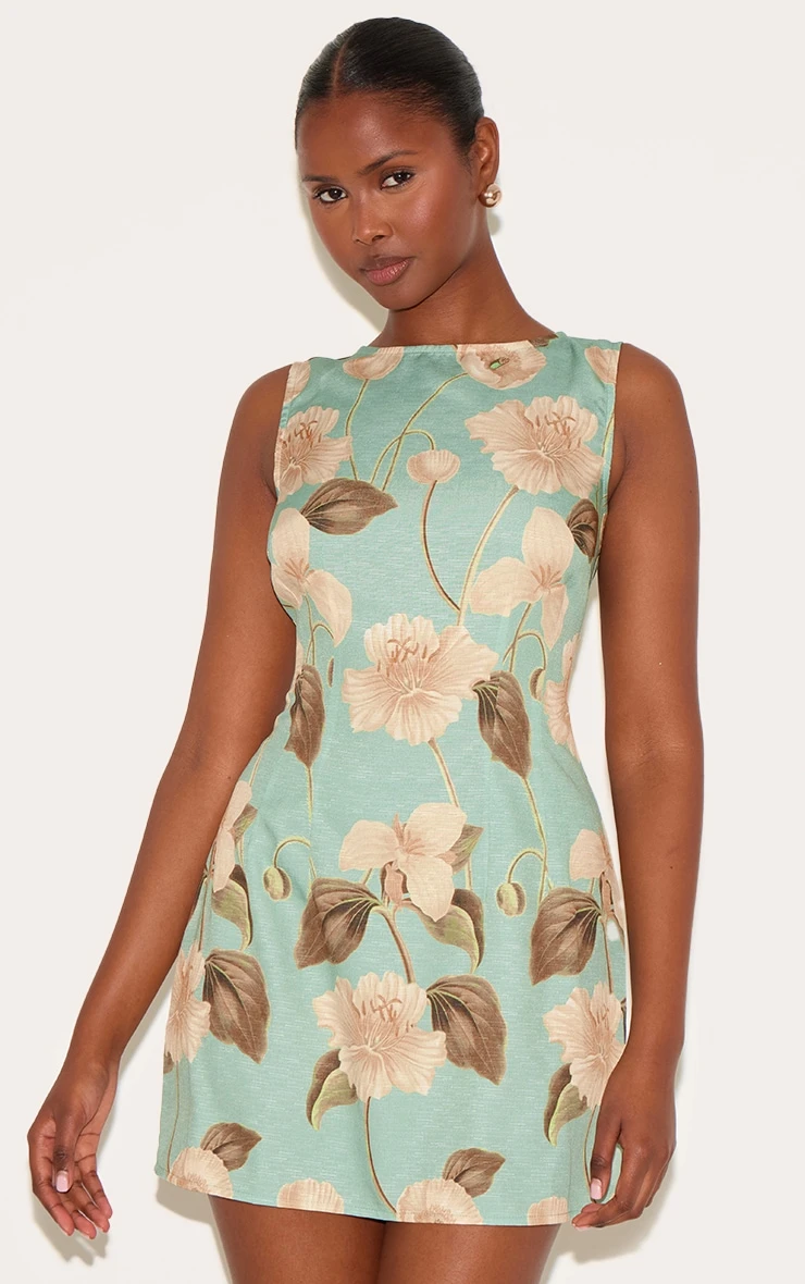 Prettylittlething Green Boat Neck Linen Shift Dress 1 Prettylittlething Green Boat Neck Linen Shift Dress