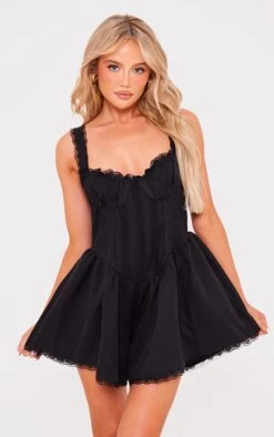 Prettylittlething Black Woven Lace Detail Strappy Romper