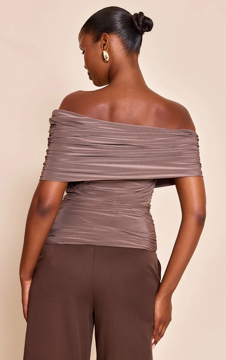 Prettylittlething Mushroom Double Layer Slinky Ruched Bardot Long Top - Image 2