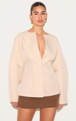 Prettylittlething Stone Cocoon Sleeve Cinched Waist Blazer