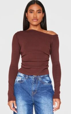 Prettylittlething Chocolate Fine Knit Asymmetric Top