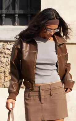 Prettylittlething Brown Bleach Detail Faux Leather Cropped Bomber Jacket -Pretty Little Thing Shop bb88b289b6b5572864b1e40fadf96a3463942a4d cnj4215 4