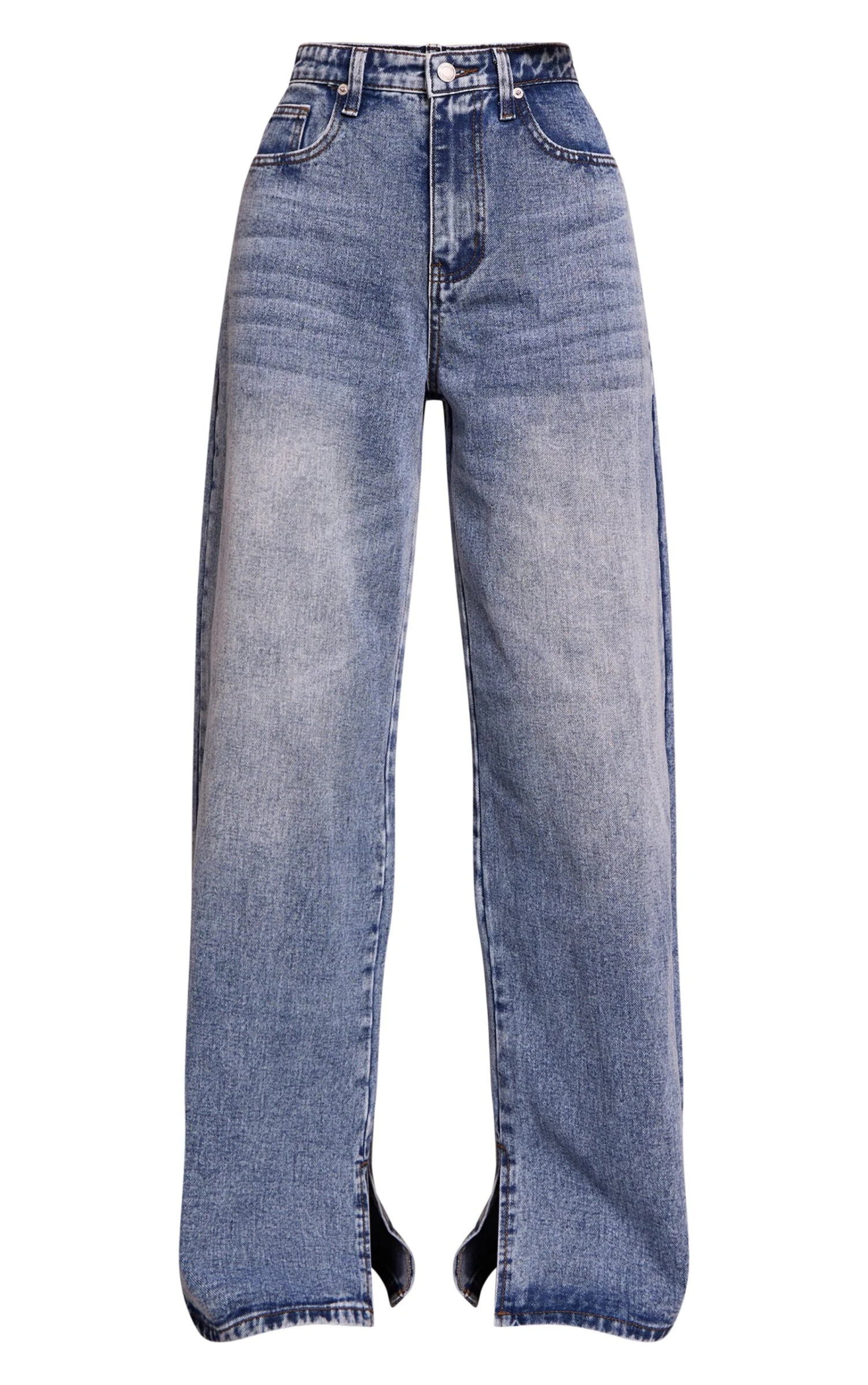 Prettylittlething Mid Blue Wash High Waist Split Hem Boyfriend Jeans - Image 5