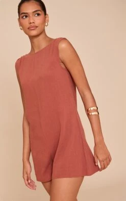 Prettylittlething Rust Linen Blend Slouchy Boat Neck Romper