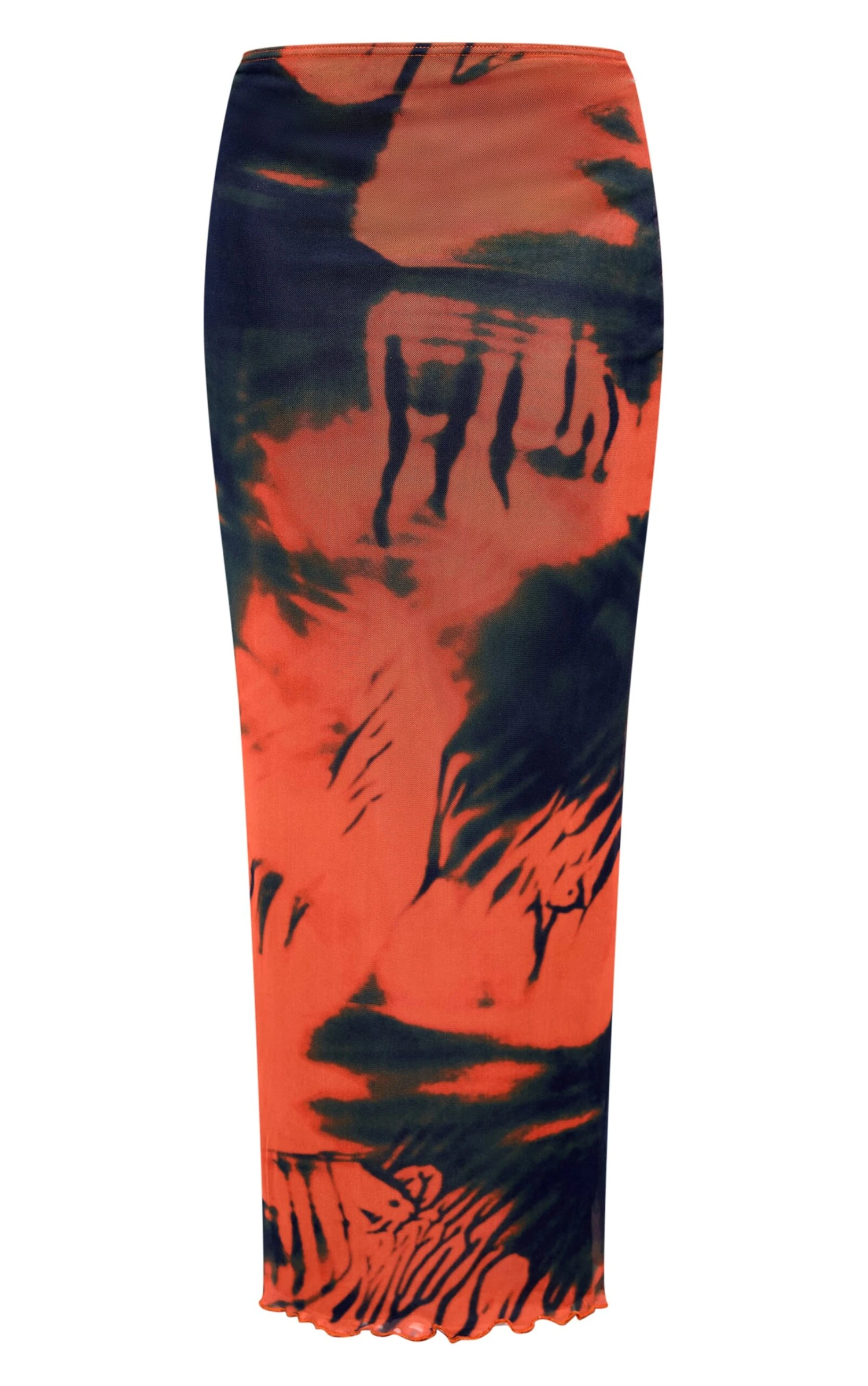 Prettylittlething Orange Abstract Print Mesh Low Rise Maxi Skirt 5 Prettylittlething Orange Abstract Print Mesh Low Rise Maxi Skirt - Image 5