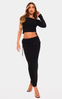 Prettylittlething Black Ribbed Knit Ruched Fold Over Maxi Skirt