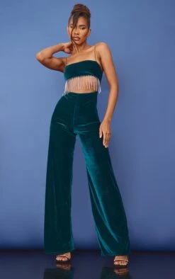 Emerald Green Velvet Cut Out Diamante Tassel Strappy Jumpsuit