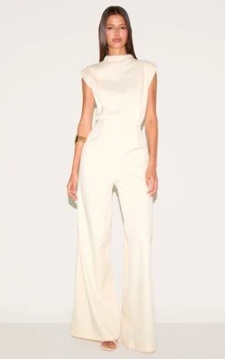 Prettylittlething Almond Woven Cap Sleeve Wide Leg Jumpsuit