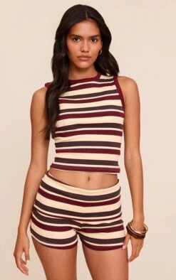 Prettylittlething Burgundy Striped Rib Long Vest Top