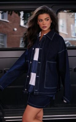 Prettylittlething Raw Indigo Wash Contrast Stitch Pocket Patch Detail Denim Shirt