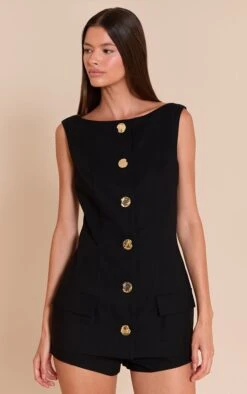 Prettylittlething Black Woven Button Detail Skort Romper