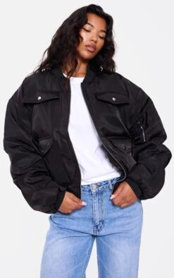 Prettylittlething Black Oversized Bomber Jacket