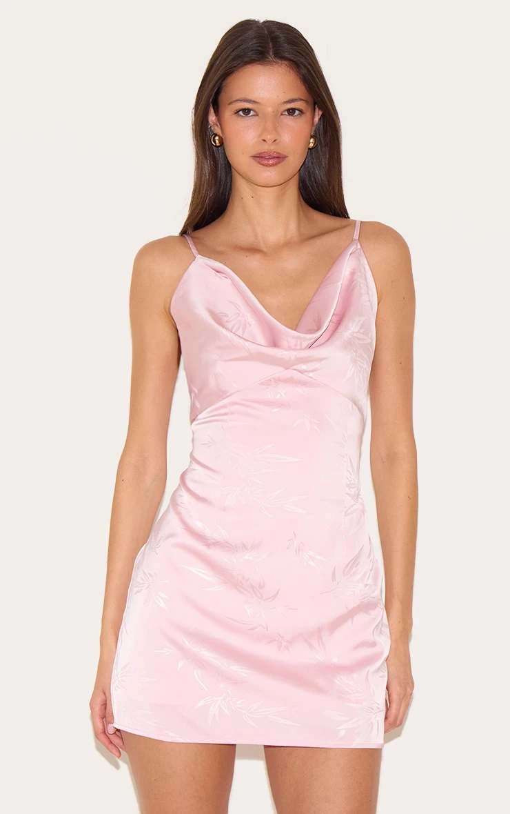 Prettylittlething Pale Rose Satin Leaf Print Cowl Neck Mini Dress