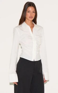 Prettylittlething White Hook And Eye Ruched Fitted Shirt