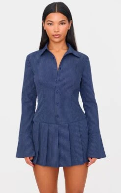 Prettylittlething Navy Stripe Shirt Pleated Skort Romper