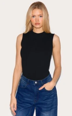 Prettylittlething Black Rib High Neck Sleeveless Bodysuit