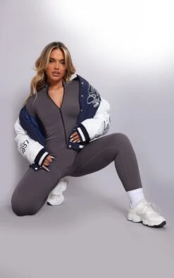 Prettylittlething Slate Grey Structured Snatched Rib Zip Jumpsuit