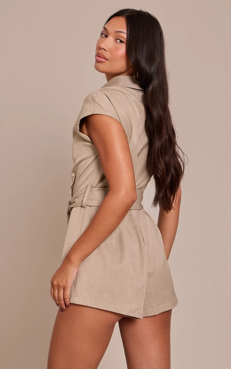 Prettylittlething Stone Woven Belt Detail Collar Romper 2 Prettylittlething Stone Woven Belt Detail Collar Romper - Image 2