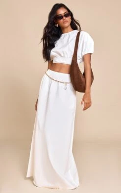 Prettylittlething White Shirred Waist Low Rise Maxi Skirt