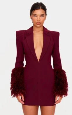 Prettylittlething PLT Label Burgundy Faux Shearling Cuff Tailored Blazer Dress