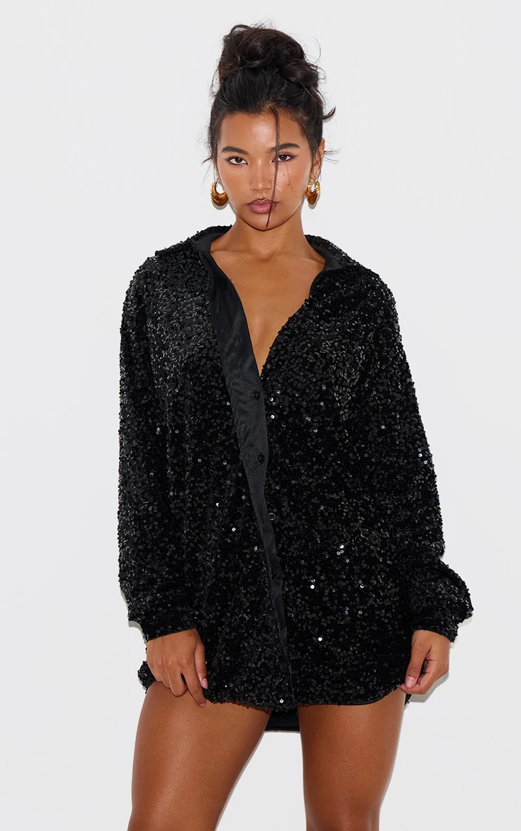 Prettylittlething Black Velvet Sequin Oversized Shirt Dress 1 Prettylittlething Black Velvet Sequin Oversized Shirt Dress