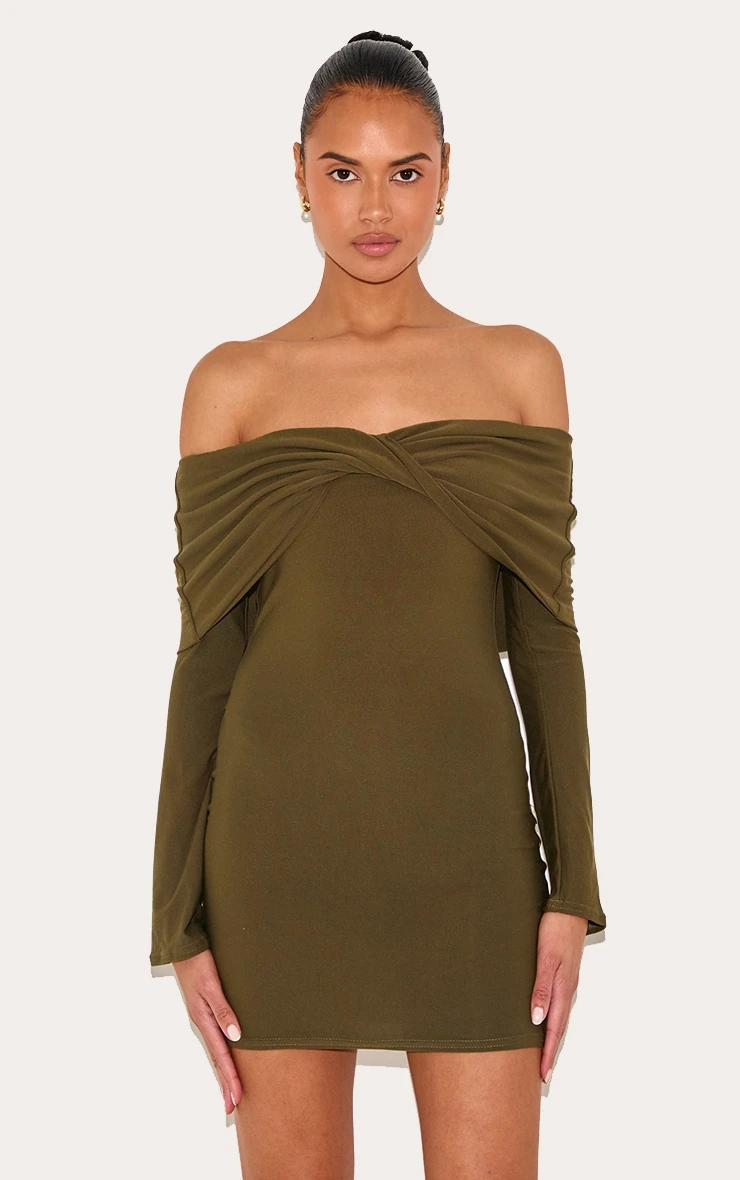 Prettylittlething Khaki Soft Touch Twist Detail Bardot Bodycon Dress