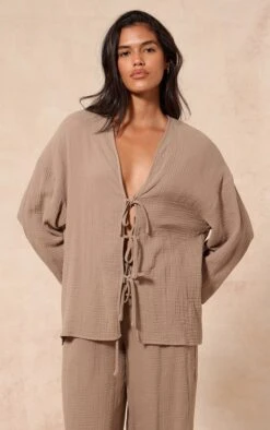 Prettylittlething Clay Textured Cheesecloth Tie Front Shirt