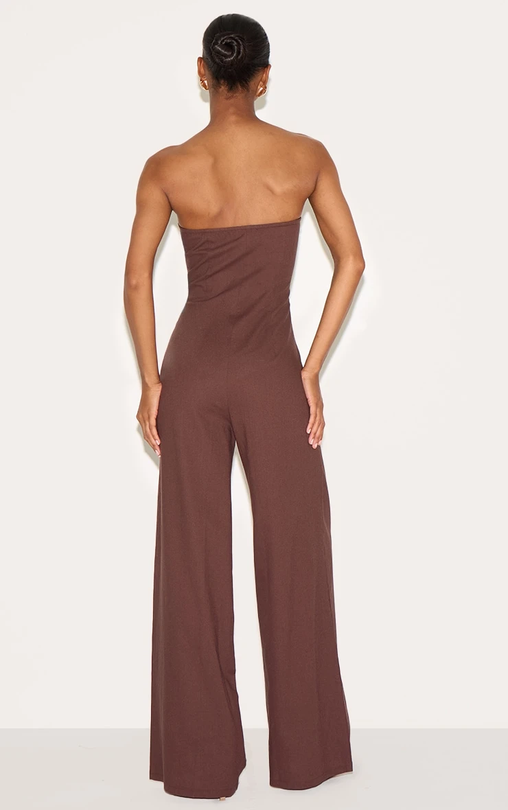 Prettylittlething Chocolate Linen Blend Tailored Bandeau Wide Leg Jumpsuit - Image 2
