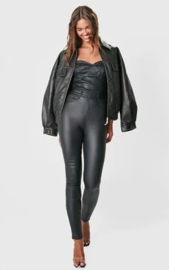 Prettylittlething Black Bandeau Coated Denim Jumpsuit