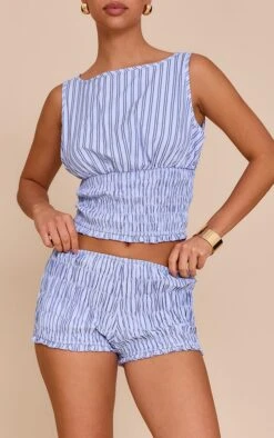 Prettylittlething Blue Striped Shirred Hot Pants -Pretty Little Thing Shop bf59c6d0bbb912fb8411e27d464be66272980b9b CNM5353 5 blue striped shirred hot pants