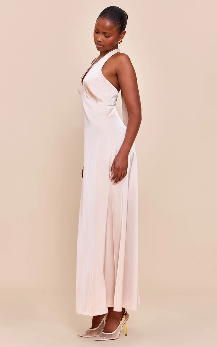 Prettylittlething Cream Satin V Neck Maxi Dress 3 Prettylittlething Cream Satin V Neck Maxi Dress - Image 3