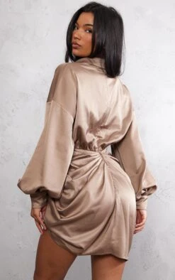 Prettylittlething Taupe Satin Drape Skirt Oversized Sleeve Shirt Dress -Pretty Little Thing Shop bfaef4d78123389bf89d4b2716e18ca2991e0a13 cnc6215 2