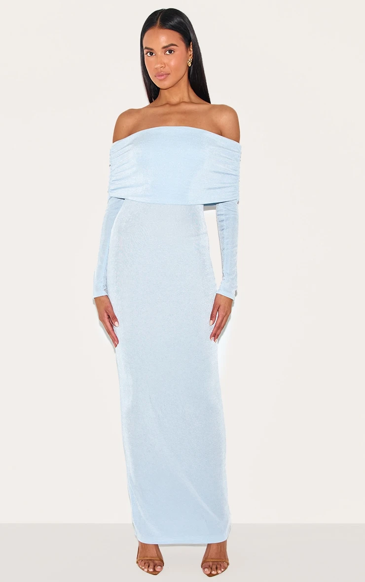 Prettylittlething Light Blue Acetate Slinky Bardot Long Sleeve Maxi Dress