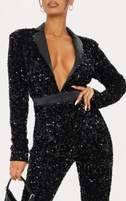 Prettylittlething Black Velvet Sequin Plunge Front Tailored Jumpsuit -Pretty Little Thing Shop c003535a9079200662de3eacdbc5b634b9869c00 cmn7130 4