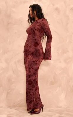 Prettylittlething Burgundy Floral Devore Long Sleeve Maxi Dress -Pretty Little Thing Shop c007665be7dc5d4db4e7c1748b5b1408e3824cf7 cni4374 3