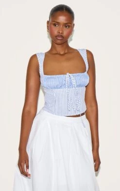 Prettylittlething Sky Blue Cotton Contrast Striped Crop Top