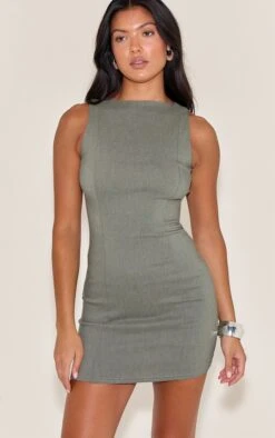 Prettylittlething Khaki Stretch Woven Boat Neck Shift Dress