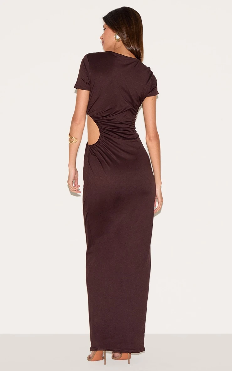 Prettylittlething Chocolate Double Layer Soft Touch Cut Out Ruched Detail Maxi Dress - Image 2