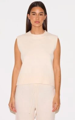 Prettylittlething Ecru Marl Soft Knit High Sleeveless Top