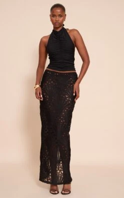 Black Textured Floral Lace Maxi Skirt