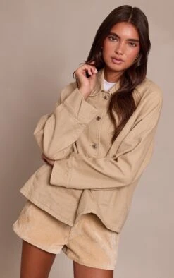 Prettylittlething Sand Oversized Denim Shacket -Pretty Little Thing Shop c1576db5f3ecbf71894d4302b6314cdd446a862a CNN7078 4 sand oversized denim car coat