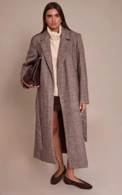 Prettylittlething Brown Herringbone Tie Waist Maxi Coat