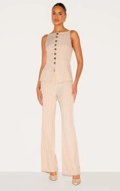 Prettylittlething Stone Pinstripe Linen Button Down Peplum Hem Jumpsuit