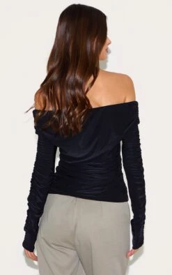 Prettylittlething Black Double Layer Slinky Ruched Detail Bardot Long Sleeve Top -Pretty Little Thing Shop c1db418a97bb33e3312838359675f4a152239542 CNM5811 2 black double layer slinky ruched detail bardot long sleeve top