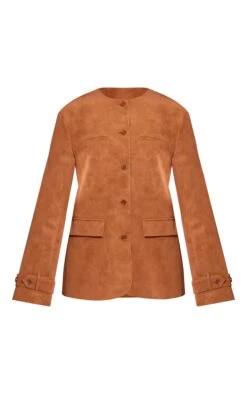 Prettylittlething Tan Collarless Button Detail Faux SuedeJacket -Pretty Little Thing Shop c1f9bb5ef9c6027d99d1ad67ee863323def99655 CNN8565 5 tan collarless button detail faux suede jacket