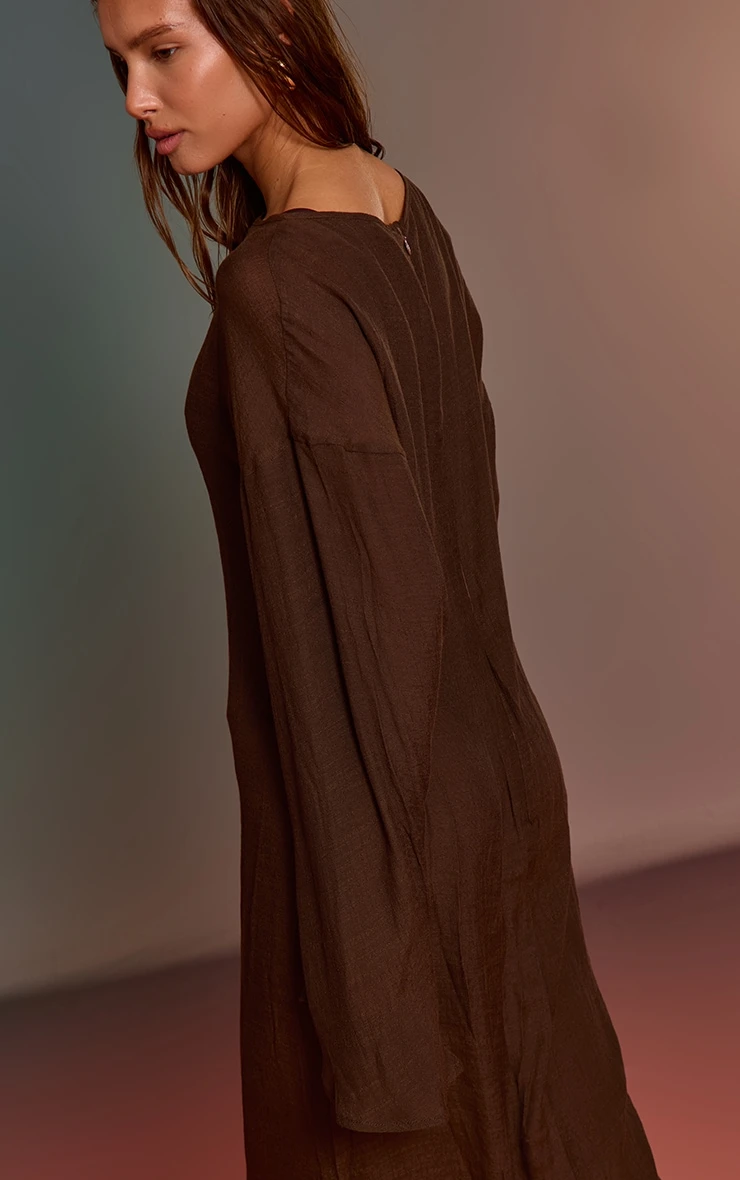 Prettylittlething Espresso Linen Look Flute Sleeve Beach Maxi Dress - Image 2