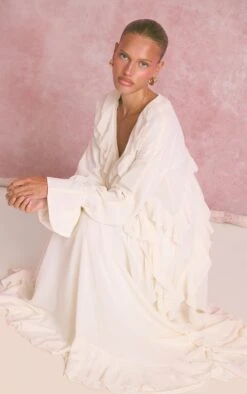 Cream Chiffon Plunge Extreme Frill Maxi Dress