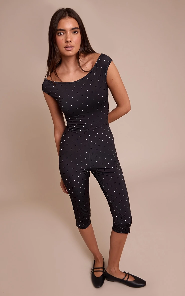 Prettylittlething Black Slinky Poka Dot Capri Jumpsuit 1 Prettylittlething Black Slinky Poka Dot Capri Jumpsuit