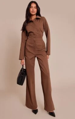 Prettylittlething Khaki Utility Long Sleeve Jumpsuit